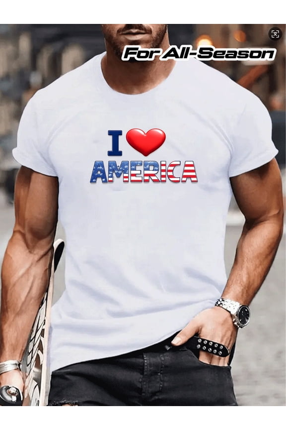 Men's Patriotic USA Flag T-Shirt I Love America Graphic Tee Retro Short Sleeve Casual Top for Independence Day Fourth of July