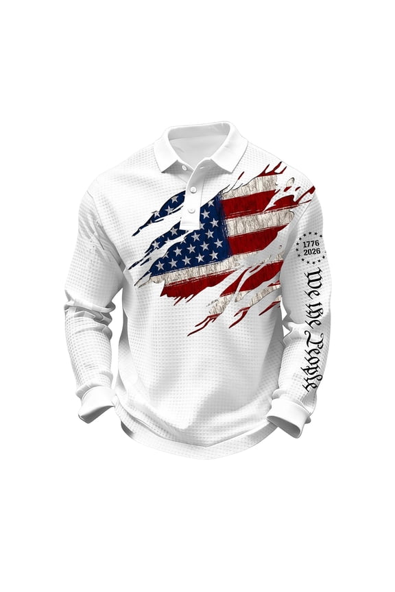 Men's Patriotic Waffle Polos 1776-2026 250th Anniversary USA Flag Graphic Long Sleeve Button Collar Casual Tops 2026 White L