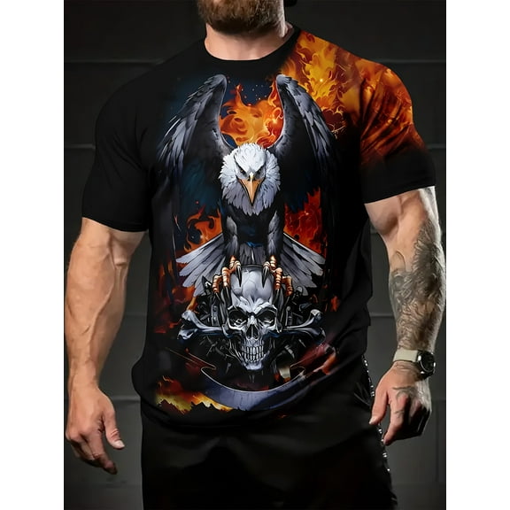 Men's Pattern Eagle and Skull Printed T-shirt-Short Sleeve, Black Bottom with Hot Eagle and Skull Design, Casual and Comfortable Fit, Polyester Blending Material, Perfect for Summer Outing