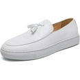 thumbnail image 1 of Men's Pattern Leather Platform Slip On Tassel Loafers Comfortable Round Toe Low Top Non-Slip Casual Dress Shoes Flat Penny Loafer for Dating Business Party, 1 of 6