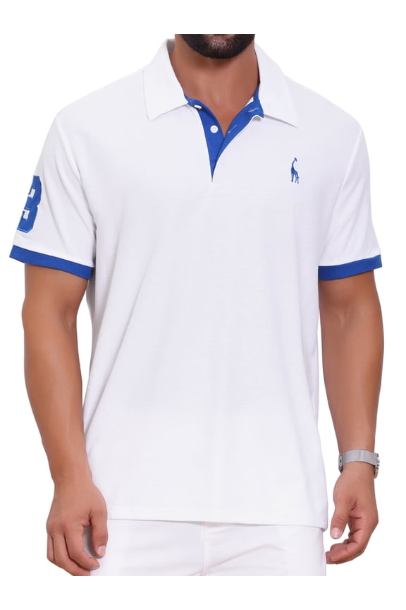 Men's Pattern Pique Polo Shirt Contrast Color Golf Polo Shirts M White