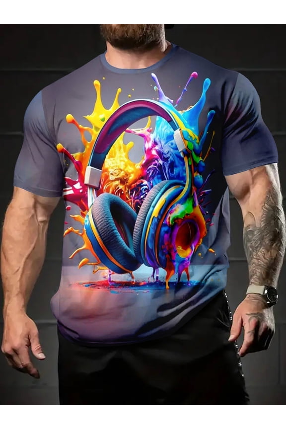 Men's Pattern Printed T-Shirt - Breathable Polyester Knit Fabric, Regular Fit with Slight Elasticity, Summer Casual Short Sleeve Shirt, Fashionable Trendy Daily Weekend Wear, Comfortable Elastic Top