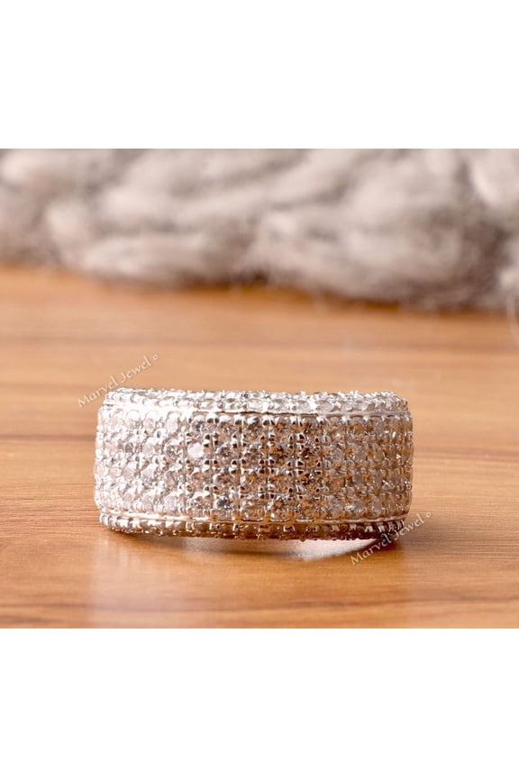 Men's Pave Set Diamond Wedding Band, Men's Half Eternity Diamond Engagement Ring, Wide Shank Band, 2.3 Ct Simulated Diamond, 925 Sterling Silver, Father's Day Gift Ring