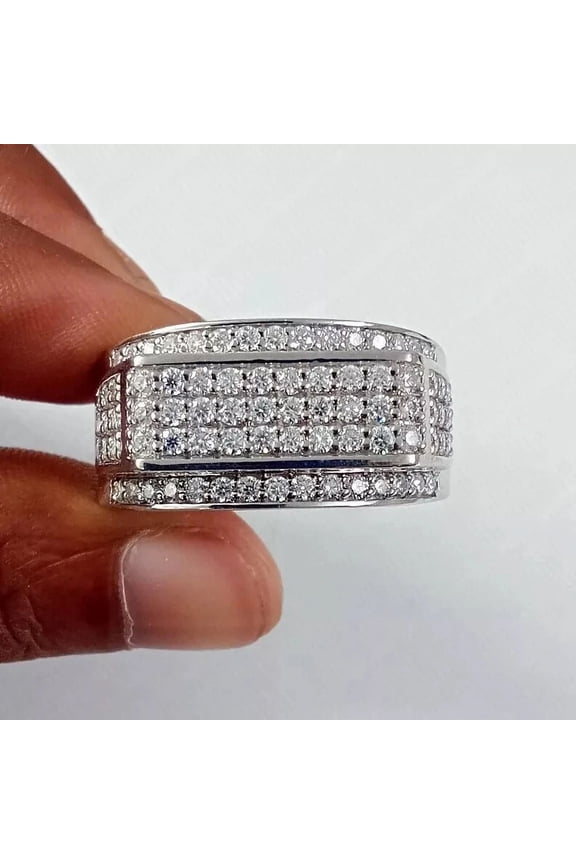 Men's Pave Set Wedding Band Ring 2.00Ct Round Cut Simulated White Diamond Ring 14K White Gold Plated 925 Sterling Silver