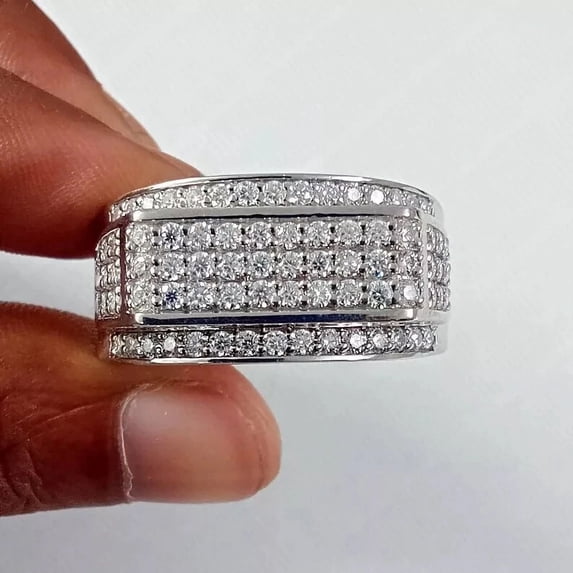 Men's Pave Set Wedding Band Ring 2.00Ct Round Cut Simulated White Diamond Ring 14K White Gold Plated 925 Sterling Silver