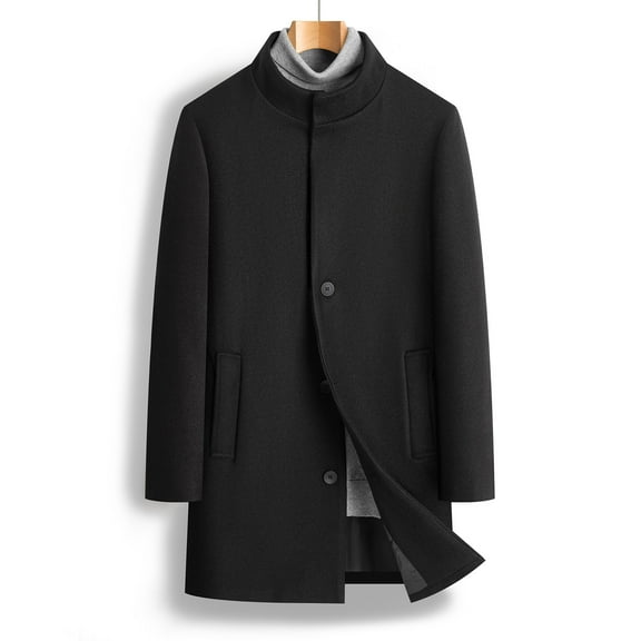 Men's Pea Coat Fall Single Breasted Wool Blend Trench Coat Winter Overcoat Black M