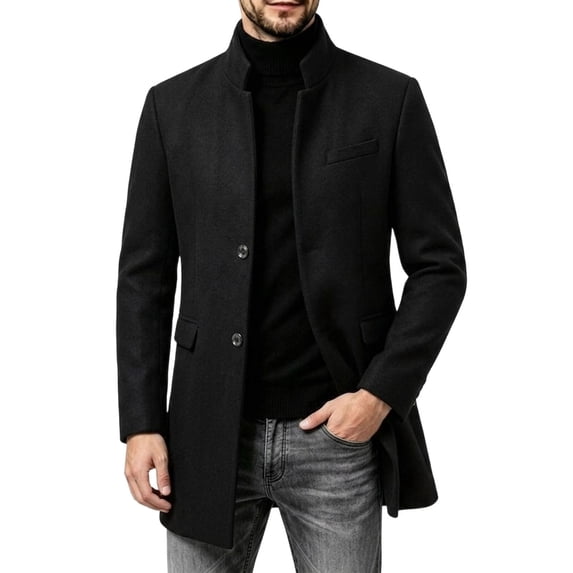 Men's Pea Coat Slim Fits Winter Trench Overcoat,Stand Collar Button Front Outerwear with Pocket,Dress Jacket For Business Office Casual Warm Wear,Black,XL