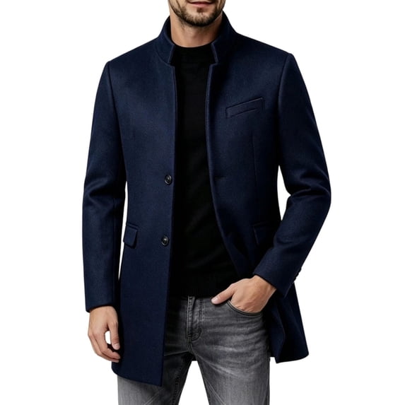 Men's Pea Coat Slim Fits Winter Trench Overcoat,Stand Collar Button Front Outerwear with Pocket,Dress Jacket For Business Office Casual Warm Wear,Blue,XXL