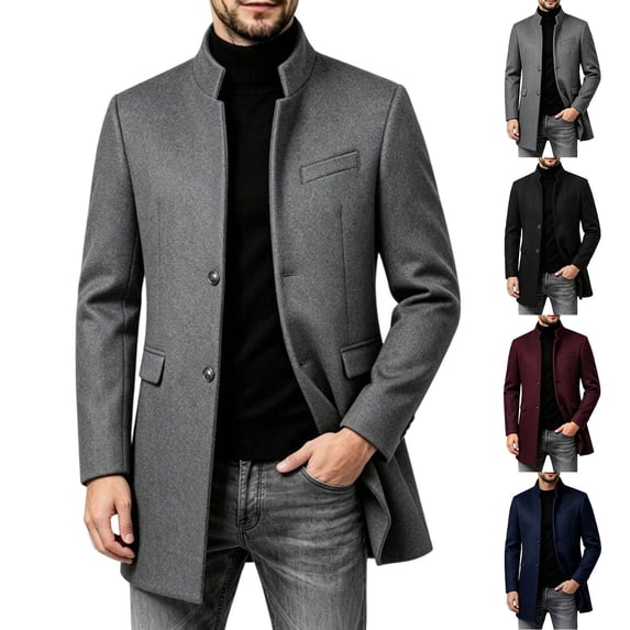 Men's Pea Coat Slim Fits Winter Trench Overcoat,Stand Collar Button Front Outerwear with Pocket,Dress Jacket For Business Office Casual Warm Wear,Gray,M