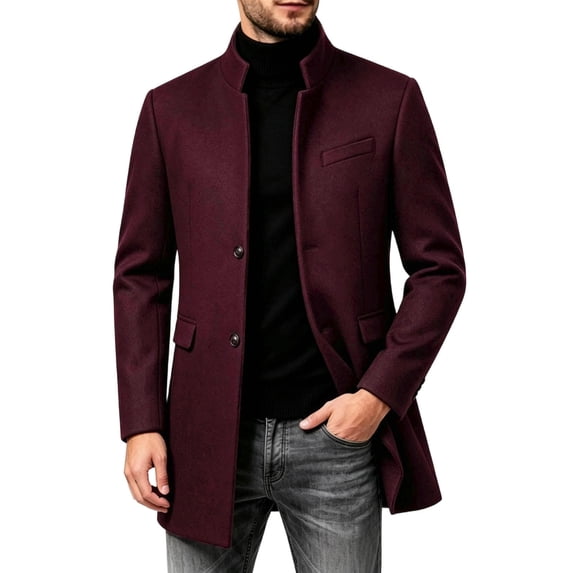Men's Pea Coat Slim Fits Winter Trench Overcoat,Stand Collar Button Front Outerwear with Pocket,Dress Jacket For Business Office Casual Warm Wear,Red,M