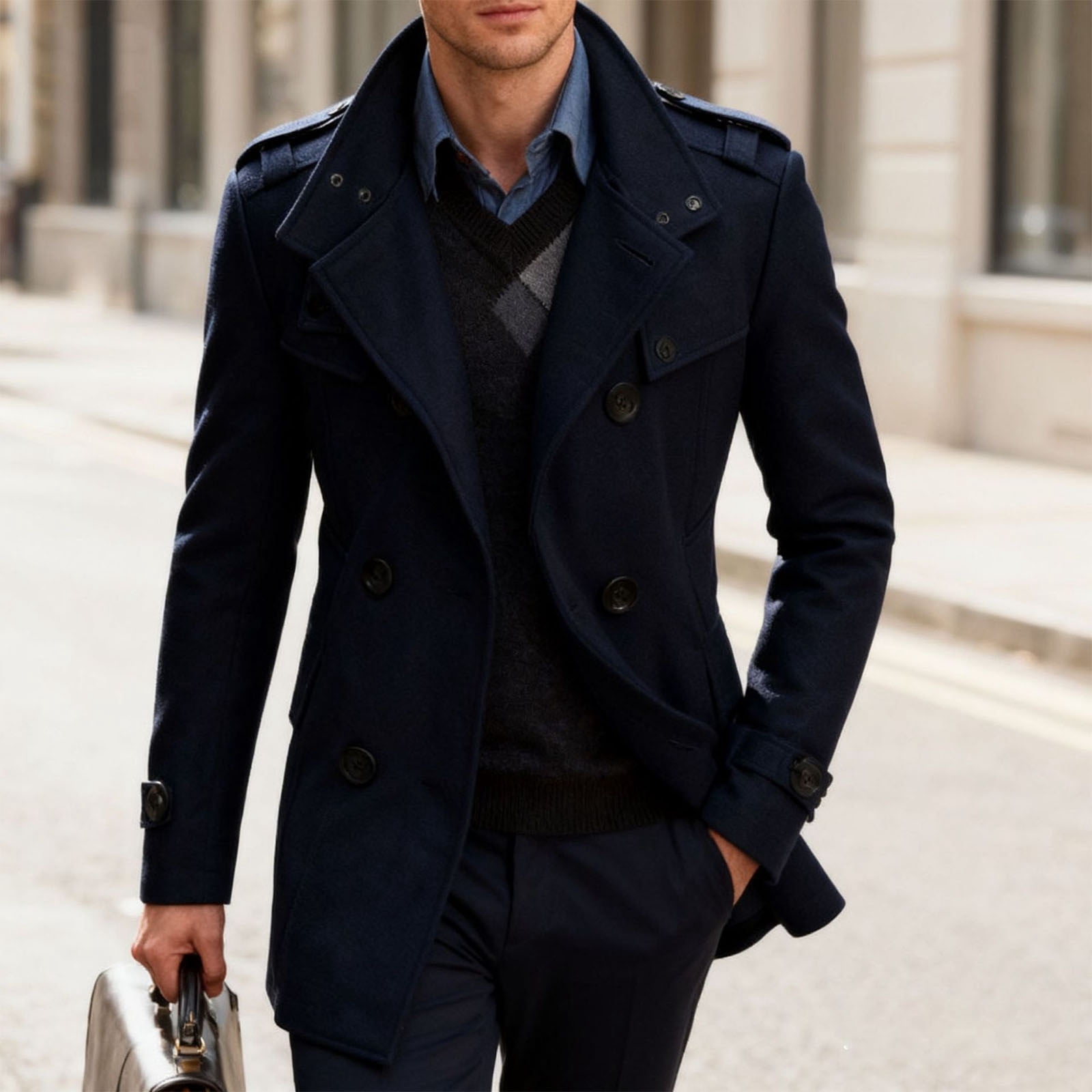 Men's Peacoats Stand Collar Double Breasted Lapel Winter Trench