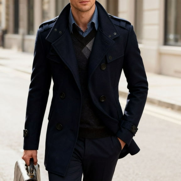 Men's Peacoats Stand Collar Double Breasted Lapel Winter Trench Coat Classic Dress Business Jackets Navy 3XL