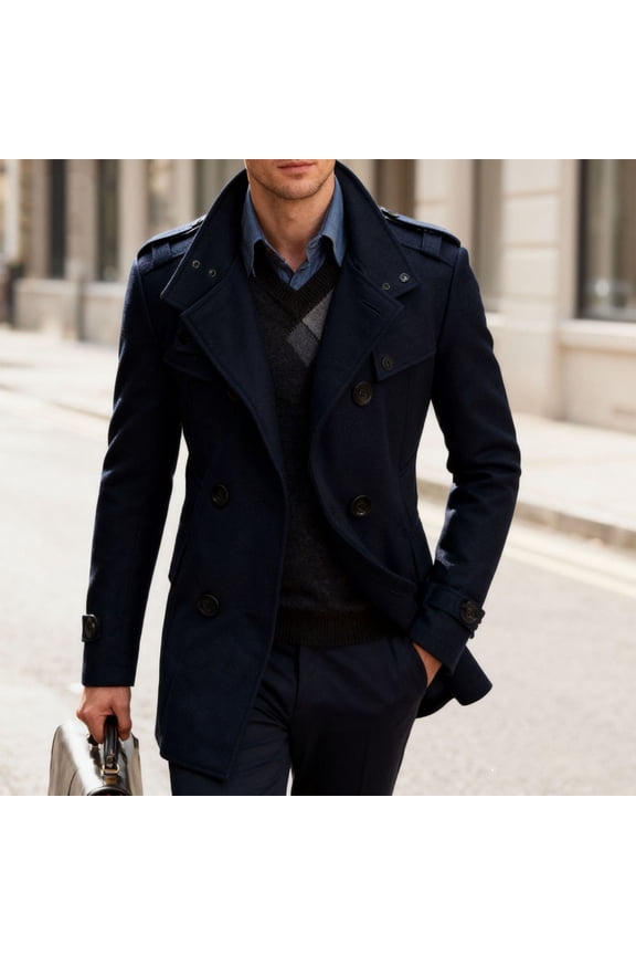 Men's Peacoats Stand Collar Double Breasted Lapel Winter Trench Coat Classic Dress Business Jackets Navy XXL