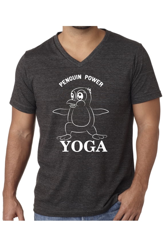 Men's "Penguin Power Yoga" Triblend V-neck Yoga Tee Shirt - Charcoal Black, XL