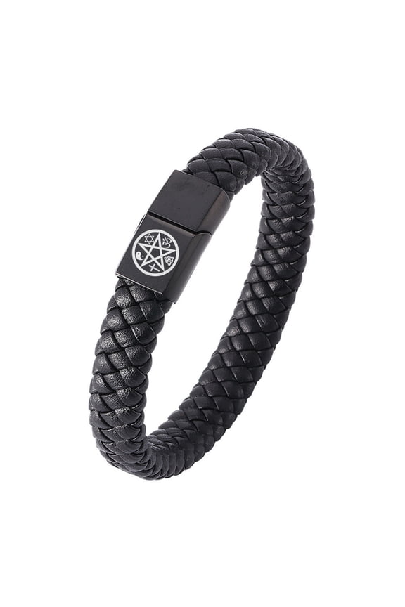Men's Pentacle Leather Bracelet Cross OM Yin Yang Star of David Triquetra Infinity Knot Talismanic Symbol Cuff Bangle Religious Amulet Gifts for Man Women, 7.28''