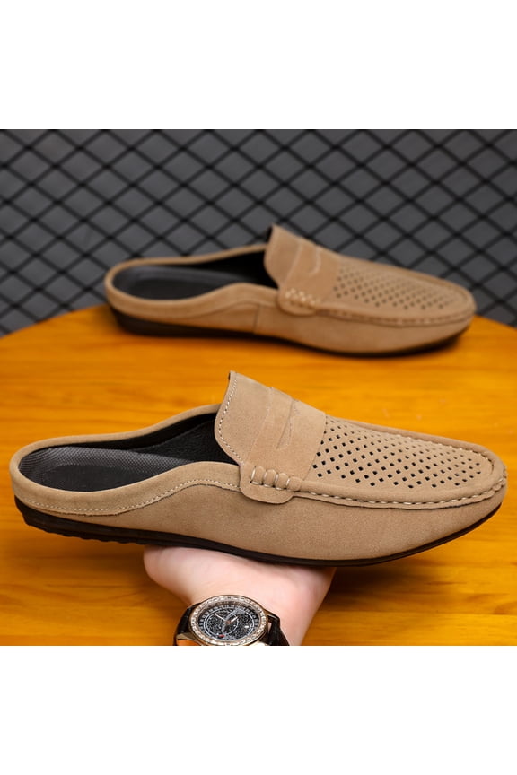 Men's Perforated Breathable Suede Mule Loafers, Backless Slip On Summer Driving Slides