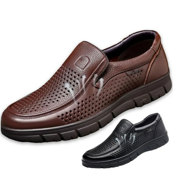 Men's Perforated Leather Shoes - Breathable Business Loafers with Soft Anti-Slip Sole | Orthopedic Dress Sandals | Comfortable Dad Shoes for Walking | Senior-Friendly Footwear
