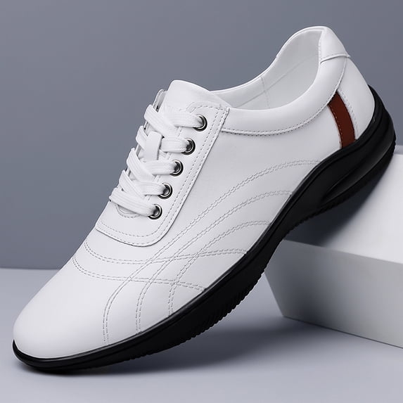 Men's Perforated Leather Walking Shoes Breathable Non Slip Cushioned Sole Lace Up Casual Daily Sneakers