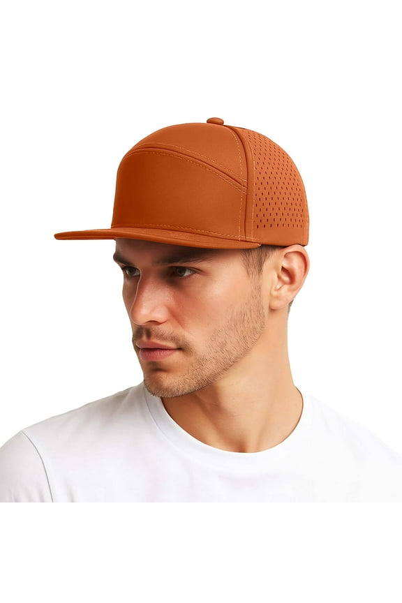Men's Performance Baseball Cap Flat Brim Adjustable Snapback Hat Lightweight Breathable Mesh Outdoor Sports Mens Baseball Cap Orange One Size