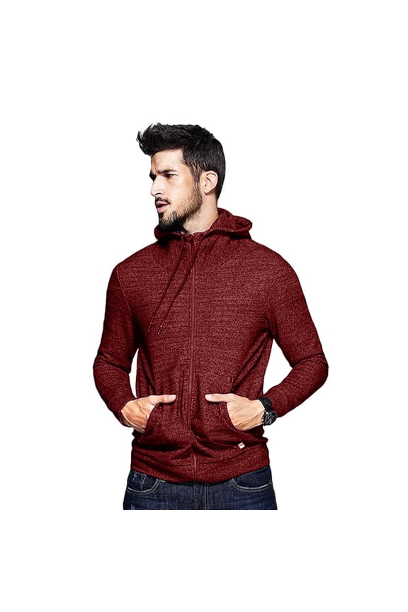 Men's Performance Full Zip Hoodie Long Sleeve Hood for Athletes Space Burgandy Color, Small