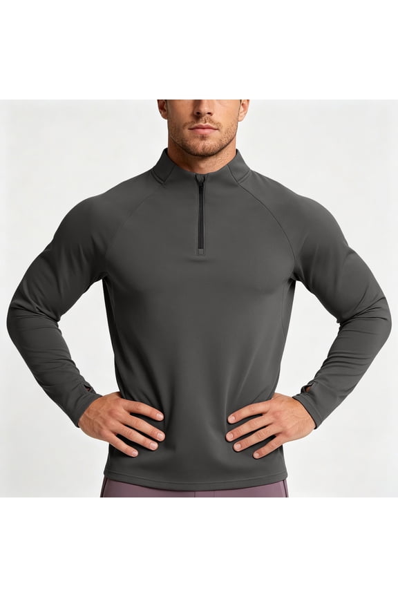 Men's Performance Sports Top, Solid Color Half Zip Round Neck, Fast-Dry High-Elastic Long Sleeve Shirt For Running Dark Gray S