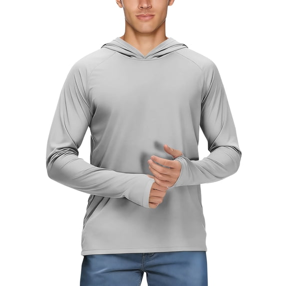 Men's Performance Sun Hoodie Solid Pullover Long Sleeve Hooded Fishing Shirt Lightweight Breathable Quick-Dry 4-Way Stretch for Daily Commute Fishing and Outdoor Activities Light Gray L