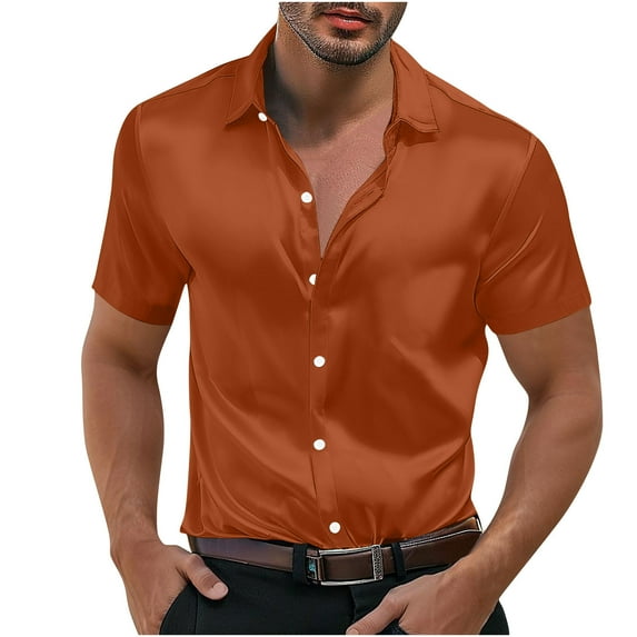 Men's Personality Dancing Party Solid Color Shirt Casual Button Down Lapel Short Sleeve Blouse Muscle Fit Dress Shirts