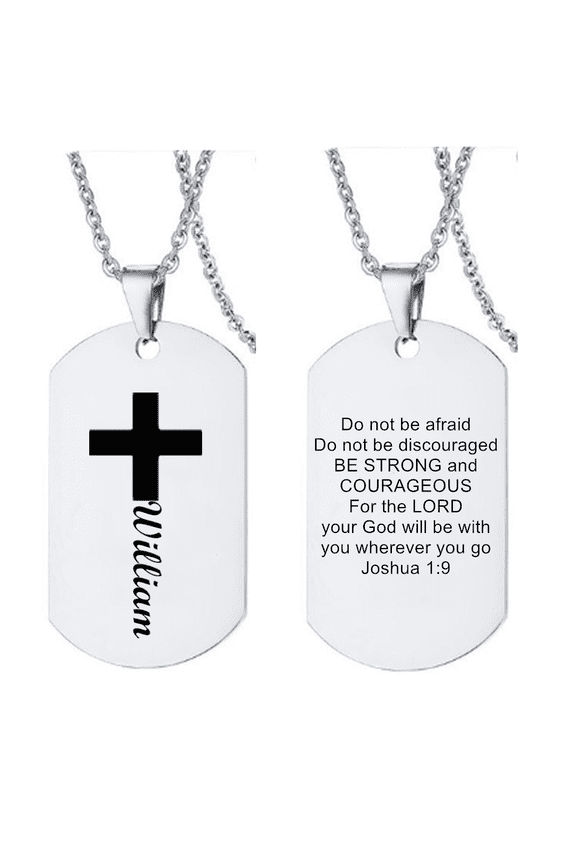 Men's Personalized Cross with Name Bible Verse Joshua 1:9 Pendant, Stainless Steel Customized Nameplate Necklace Inspirational Jewelry for Teens Men Women, Silver
