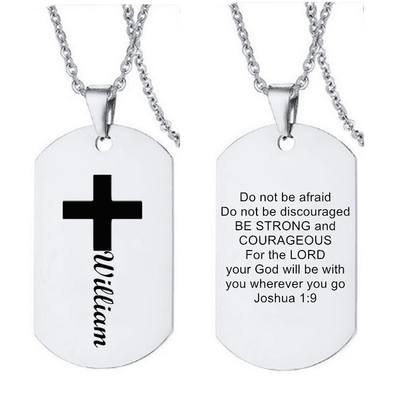 Men's Personalized Cross with Name Bible Verse Joshua 1:9 Pendant, Stainless Steel Customized Nameplate Necklace Inspirational Jewelry for Teens Men Women, Silver