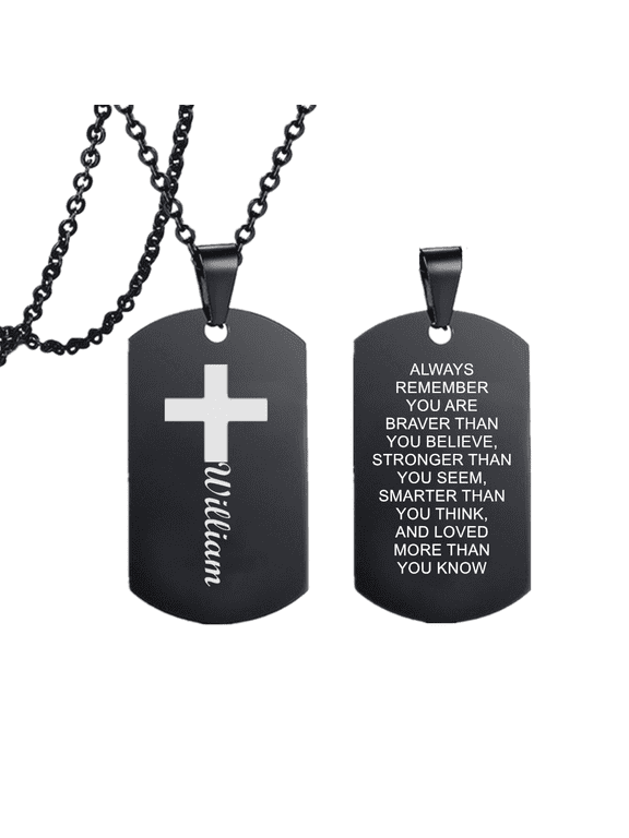 Men's Personalized Cross with Name Bible Verse Pendant, Stainless Steel Customized Nameplate Necklace Inspirational Jewelry for Teens Men Women, Black