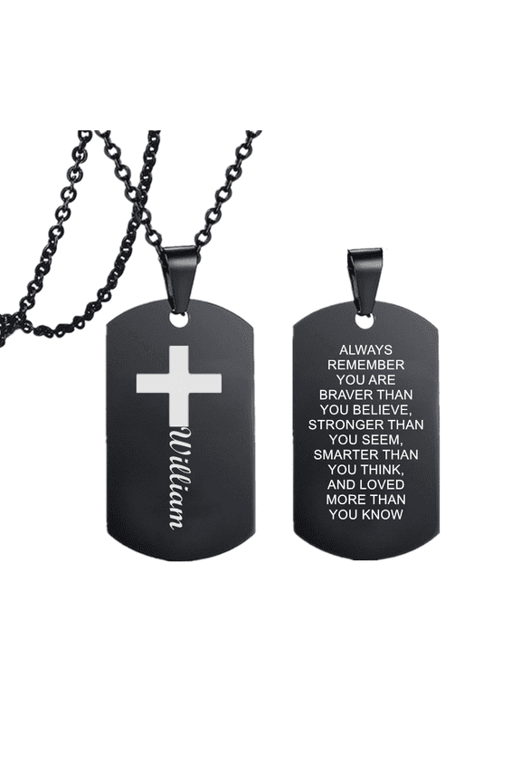 Men's Personalized Cross with Name Bible Verse Pendant, Stainless Steel Customized Nameplate Necklace Inspirational Jewelry for Teens Men Women, Black