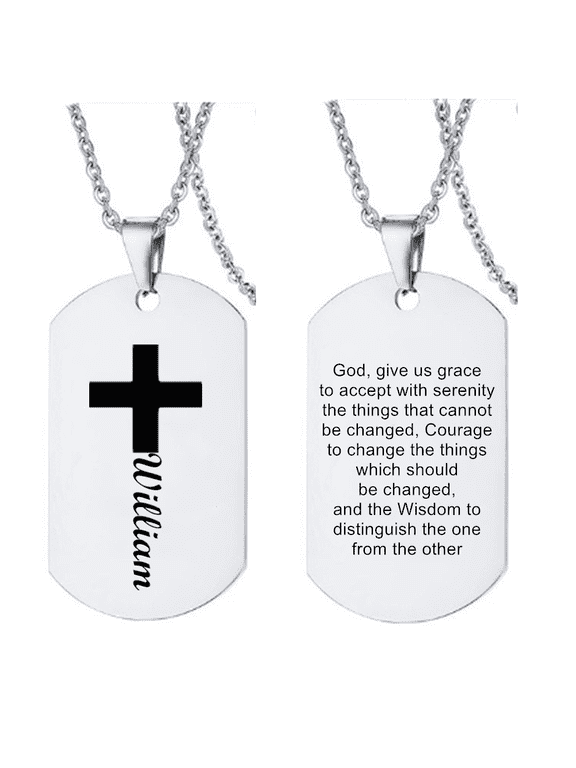 Men's Personalized Cross with Name Bible Verse Serenity Prayer Pendant, Stainless Steel Customized Nameplate Necklace Inspirational Jewelry for Teens Men Women, Silver