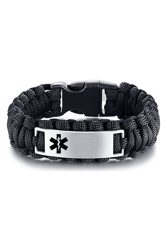 Men's Personalized Medical Alert Survival Paracord Cuff Bracelet, Customized Name ICE Disease Allergic Identification Bangle Medic ID Jewelry for Emergency Life Saver, 9.0 Inch