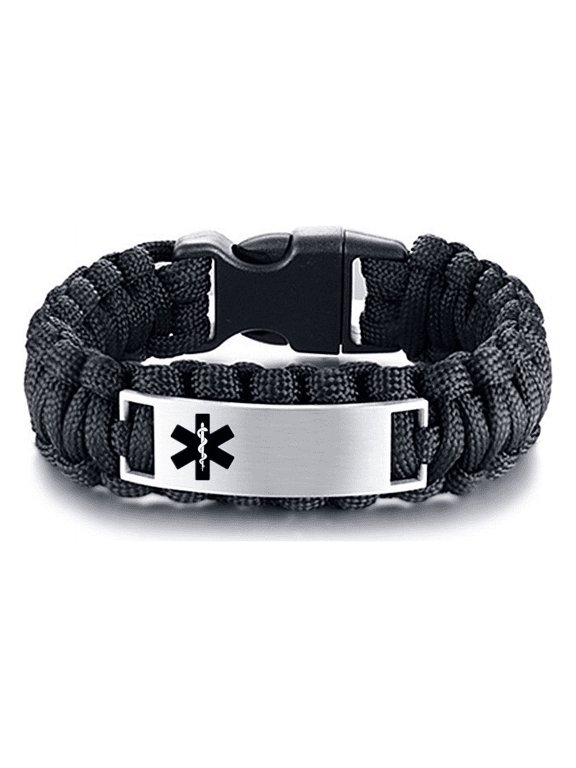 Men's Personalized Medical Alert Survival Paracord Cuff Bracelet, Customized Name ICE Disease Allergic Identification Bangle Medic ID Jewelry for Emergency Life Saver, 9.0 Inch