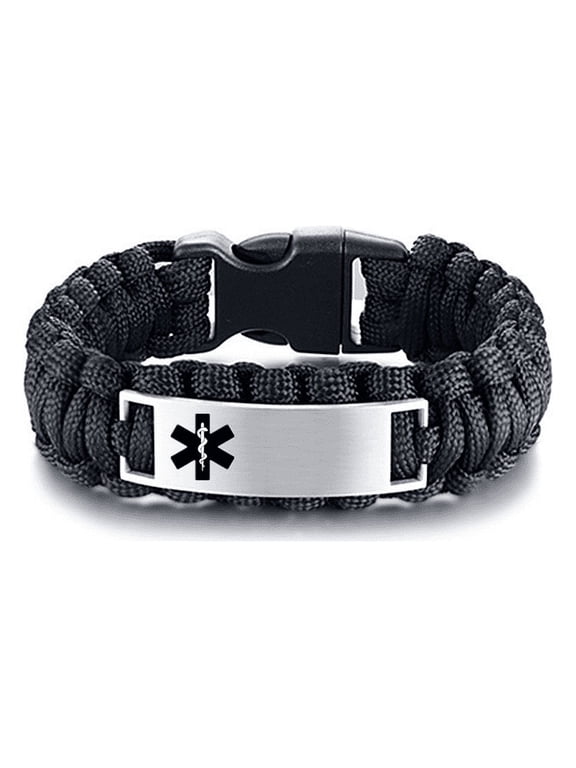 Men's Personalized Medical Alert Survival Paracord Cuff Bracelet, Customized Name ICE Disease Allergic Identification Bangle Medic ID Jewelry for Emergency Life Saver, 9.0 Inch