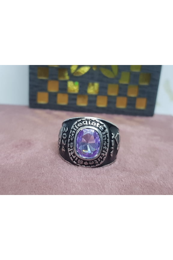 Men's Personalized Purple Cushion Cut Customized Name,Year,Logo And Inside Engraved Stylish High School Class Ring 925 Sterling Silver