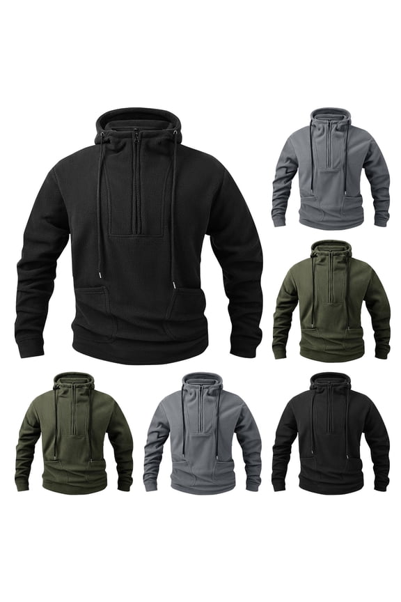 Men's Personalized Stand Up Collar Tactical Hoodie Warm And Loose Solid Color With Velvet Knit Sweater Extreme Cold Weather Gear Black S