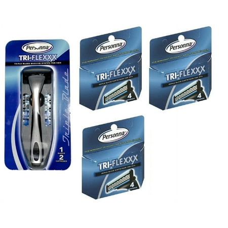 Men's Personna Tri-Flexxx Razor Blade Handle w/ 2 cartridges + Personna Tri-flexxx Triple Blade Refill Cartridges for Men 4 ct. (Pack of 3)