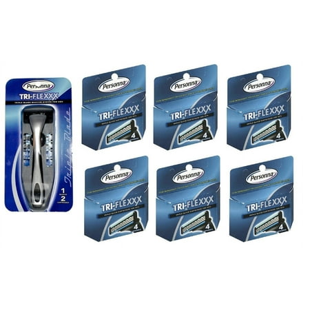Men's Personna Tri-Flexxx Razor Blade Handle w/ 2 cartridges + Personna Tri-flexxx Triple Blade Refill Cartridges for Men 4 ct. (Pack of 6) + Yes to Coconuts Moisturizing Single Use Mask