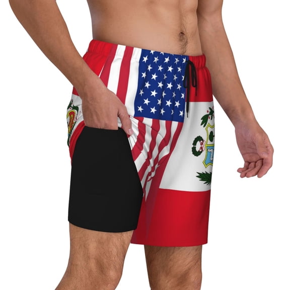 Men's Peru America Flag Swim Trunks with Compression Liner Bathing Suit Swimwear