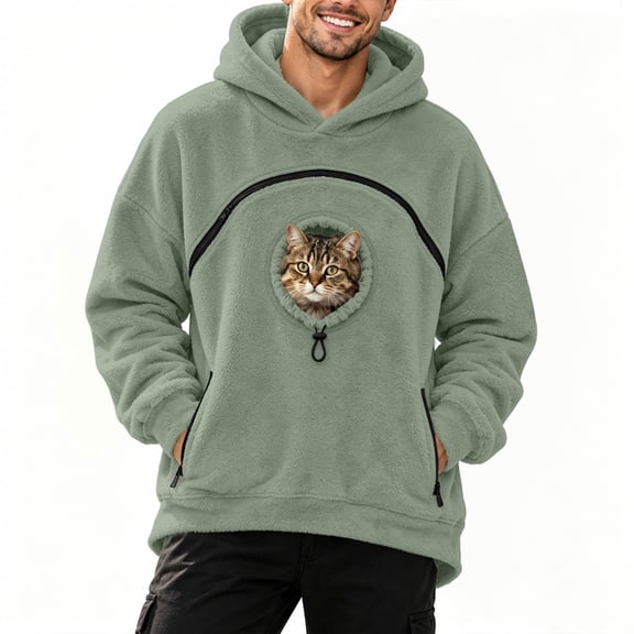 Men's Pet Carrier Hoodie Long Sleeve Cat Pouch with Zip Pockets Relaxed Weekend Lounge Sweatshirt