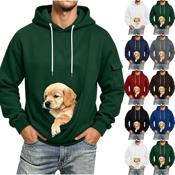 Men's Pet Hoodie with Large Pocket, Casual Hooded Pullover Cat Dog Carrier Sweatshirt, Flap-Pocket Long Sleeve (XL, Army Green)