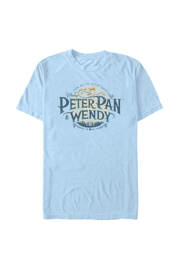 Men's Peter Pan & Wendy Take Me to Never Land Distressed Logo Graphic Tee Light Blue 3X Large