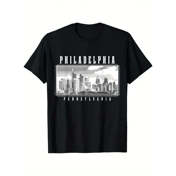 Men's Philadelphia PA Skyline Vintage T-Shirt - Heavyweight Black Tee with Iconic Cityscape, Philly Pride Graphic Shirt for Local Residents & Tourists, Machine Washable Casual