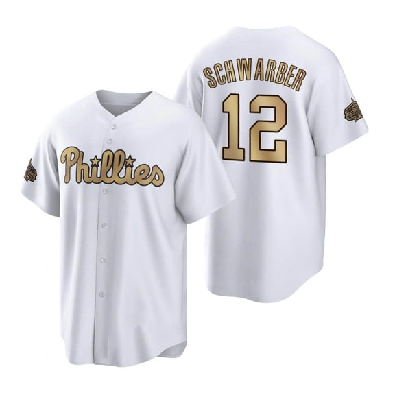 Men's Philadelphia White/God 12 Schwa_rber Short Sleeve Fan Essential for Daily Use Athletic Team Button T-Shirt-XXL