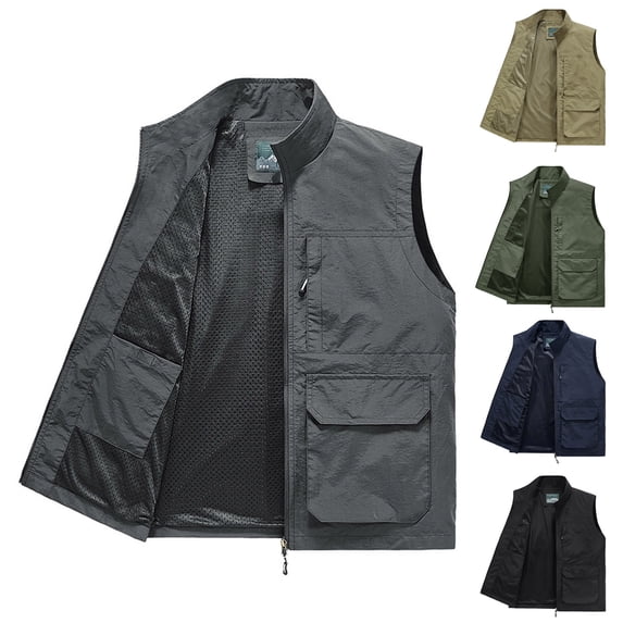 Men's Photographer Utility Vest, Quick Dry Water Resistant Lightweight Fabric with Mesh Lining, Full Zip Multi-Pocket Sleeveless Jacket for Camera Gear and Outdoor Shooting, Big and Tall Size M-5XL K
