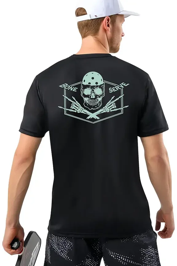 Men's Pickleball T-Shirt Bone Serve Skull Graphic Athletic Performance Tee Retro Funny Sports Apparel
