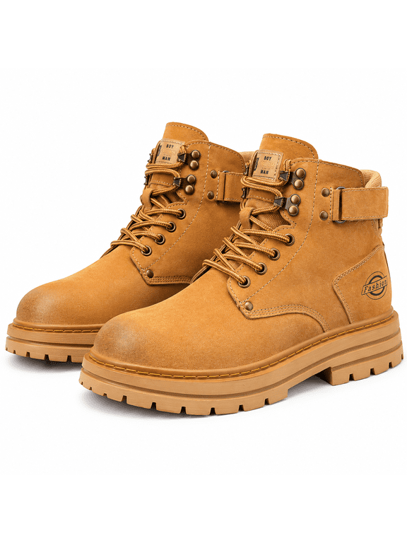 Men's Pigskin Leather Lace-Up Rugged Boots with Round Toe and Lugged Rubber Outsole