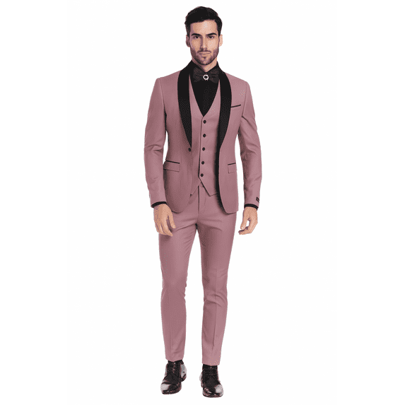 Men’s Pink 3-Piece Tuxedo Suit – Slim Fit Formal Set with Black Satin Lapel and Vest&nbsp;- Blush Mauve - Rose Gold Color