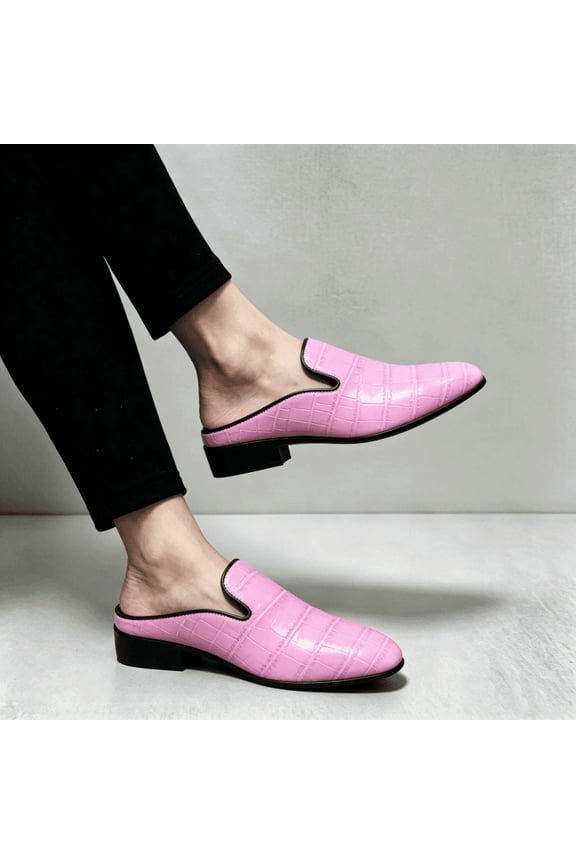 Men's Pink Croc Embossed Backless Mule Loafers Low Heel Slip On Fashion Casual Party Formal Leather Shoes